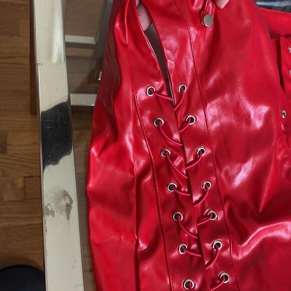Red stretch pleather lace up pant. Cut out 4 skin size large front lace missing - Picture 2 of 16